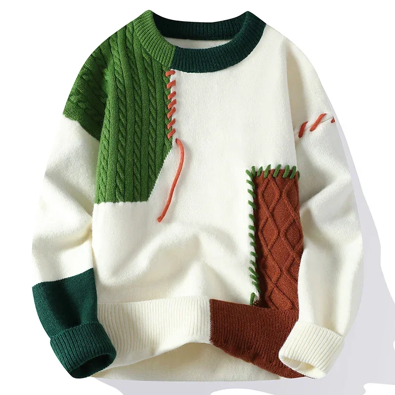 2024 Herbst Winter warme Pullover Patchwork Pullover koreanischen Stil Rundhals Strick pullover Männer Frauen Mode Strickwaren