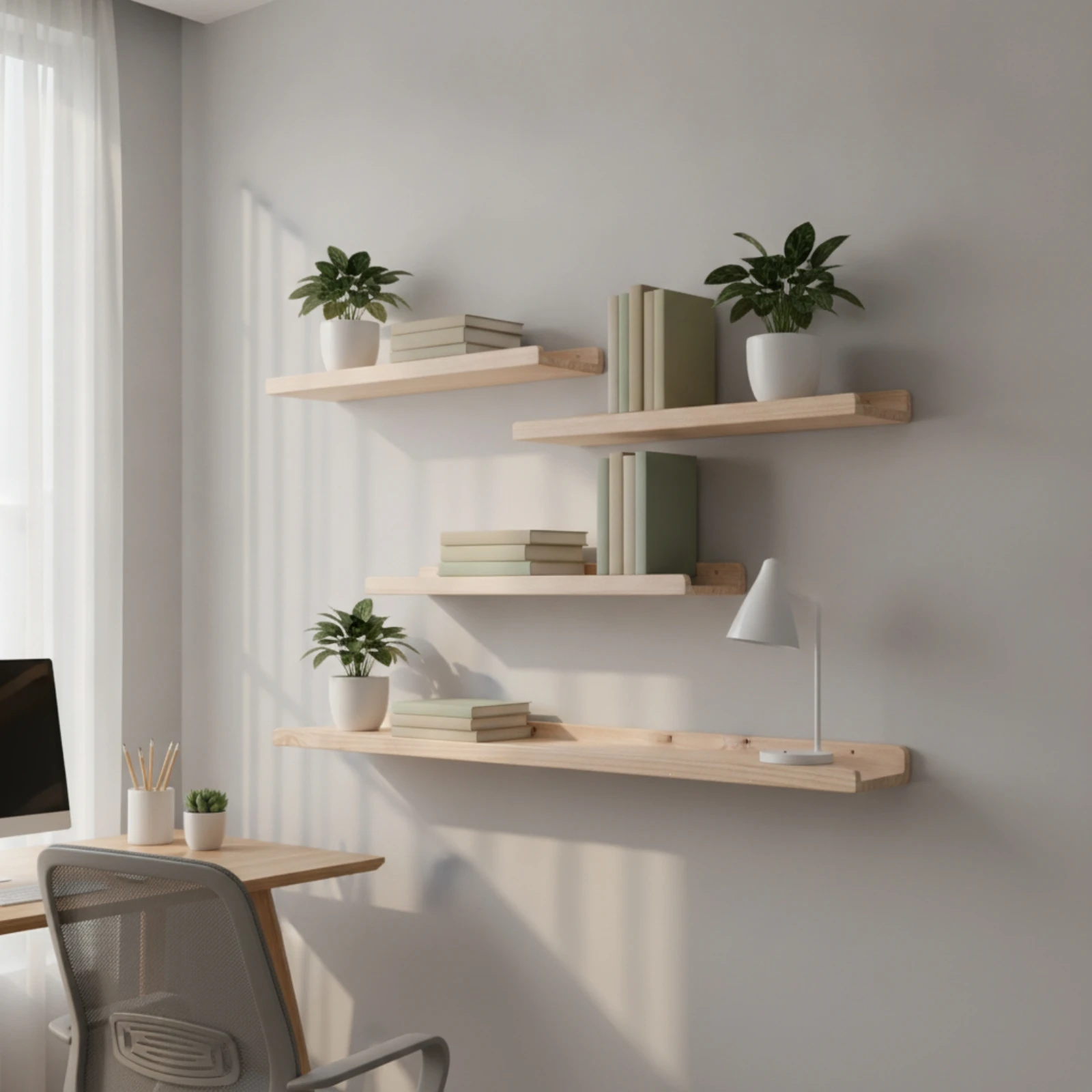 4 Pieces Wooden Wall Display Shelf Slim Wall-Mounted Wooden Shelf with Rear Rail Floating Shelves Smooth Decorative