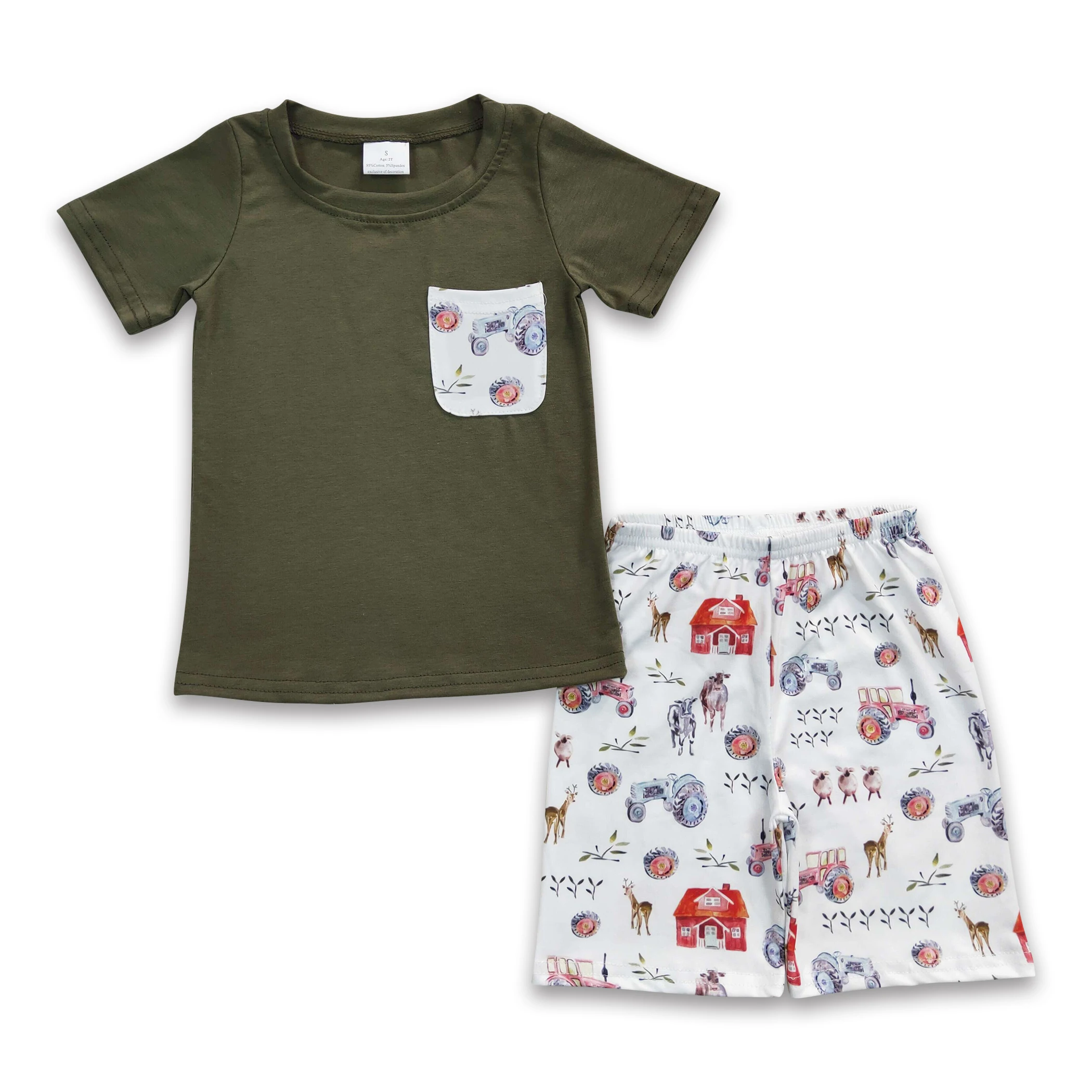 

Baby Girls Boys Farm Summer Short Sleeves Clothes Sets Green Cotton Shirt Kid Shorts toddler girls Boy clothes Sets Cheap Price