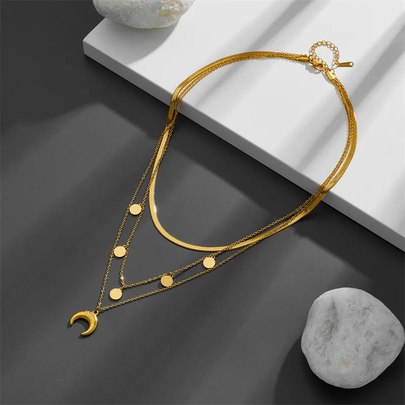 316L Stainless Steel New Fashion Fine Jewelry 3-Layer Round Wafer Crescent Shape Charm Chain Choker Necklaces Pendants For Women