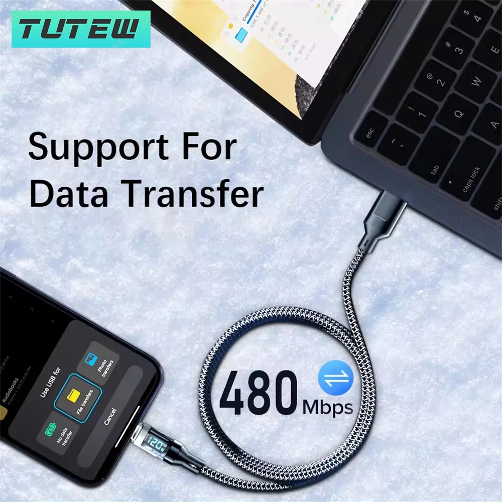 كابل شحن سريع للغاية بقدرة 120 وات، شاشة رقمية في الوقت الحقيقي، كابل بيانات USB A إلى النوع C لهواتف iPhone Android العالمية