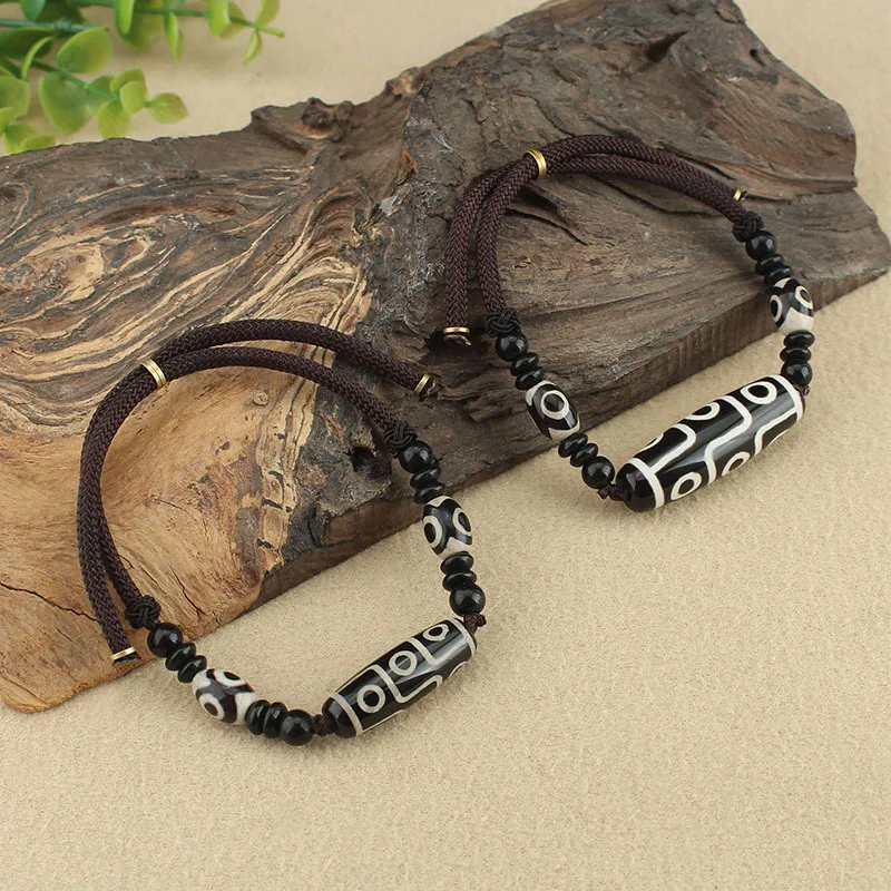 Tibetan Dzi Agates Bracelets for Women Men Money Hook Nine Eyes Dzi Natural Black Lava Stone Strand Bracelets Healing Energy