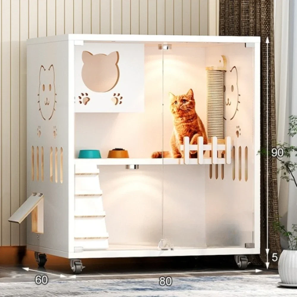 Cat Villa Large House Indoor Cat House Solid Wood Ecological Board Cat Furniture Vintage Style 90x60x125cm