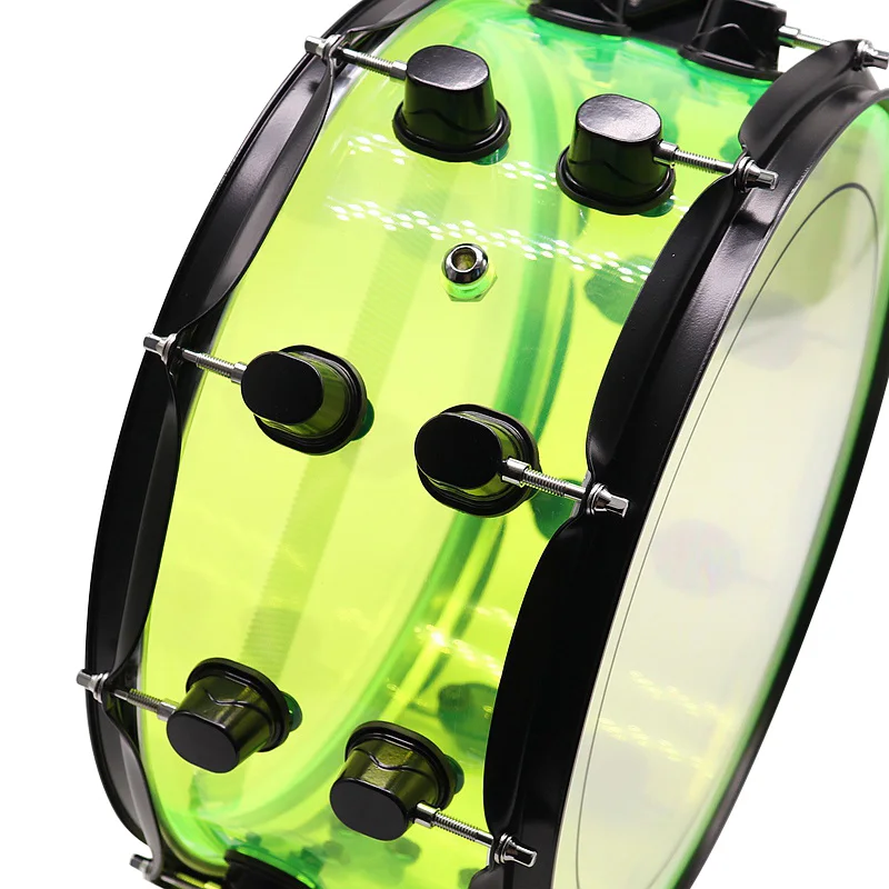 13 Inch Diameter 7 Inch Depth Acrylic Snare Drum Green with Black Color Iron Hoop and Metal One Side Drum Lug