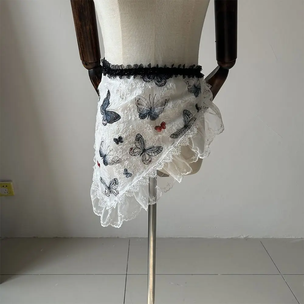 

White Lolita Headscarf Floral Embroidery Silk Triangle Hair Wrap Soft Breathable 3D Lace Hair Band