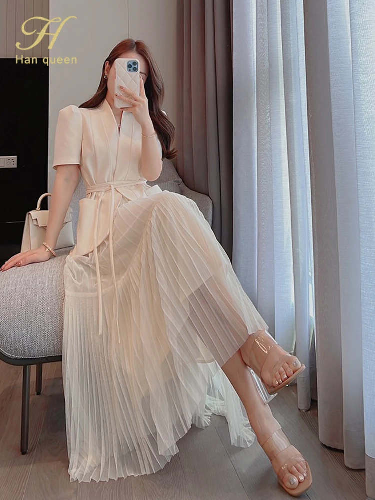 H Han Queen Elegant 2 Piece Office Dress Women Summer Simple Basic A-Line Dresses Short Sleeve Slim Long Casual Party Vestidos