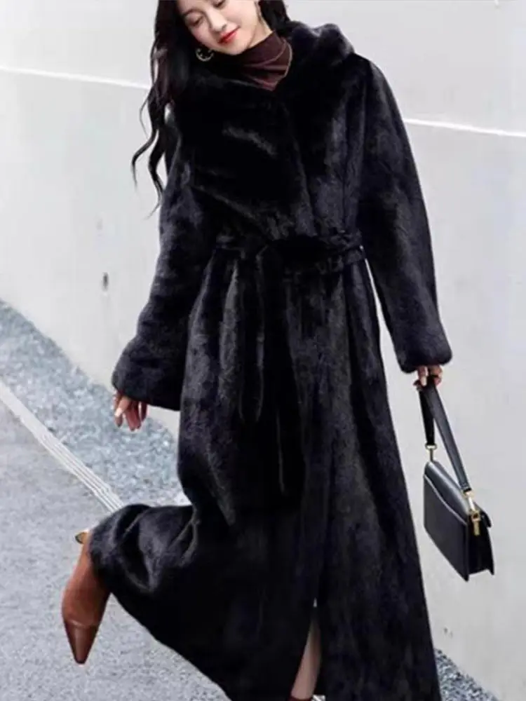 Luxury Black Faux Fur Long Coat Women with Hood Lace Up Long Sleeve Elegant 2024 Winter Thick Warm Soft Fluffy Furry Lady Jacket