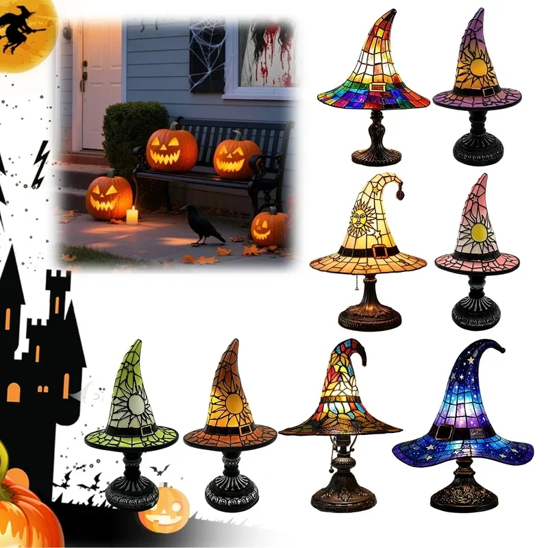 Witch Hat Stained Glass Table Lamp Starry Sky Hat Desk Light Vintage Decorative Lamp for Home Bedroom Halloween Decor