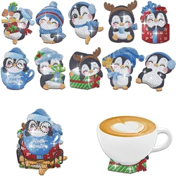 10pcs DIY Penguin Diamond Painting Christmas Coasters with Holder Crystal Rhinestone Diamond Art Coasters Penguins with Holder
