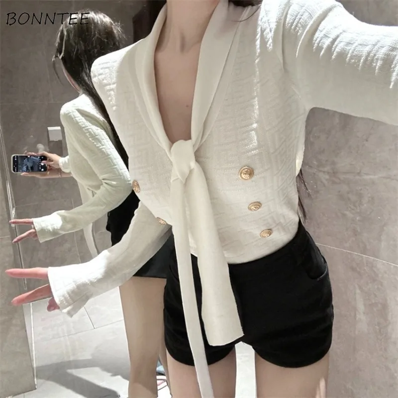 

Knitted Pullovers Women Autumn Winter Crop Casual Sweaters Elegant Gentle Buttons Slim Fashion Lace-up Korean Style Aesthetic