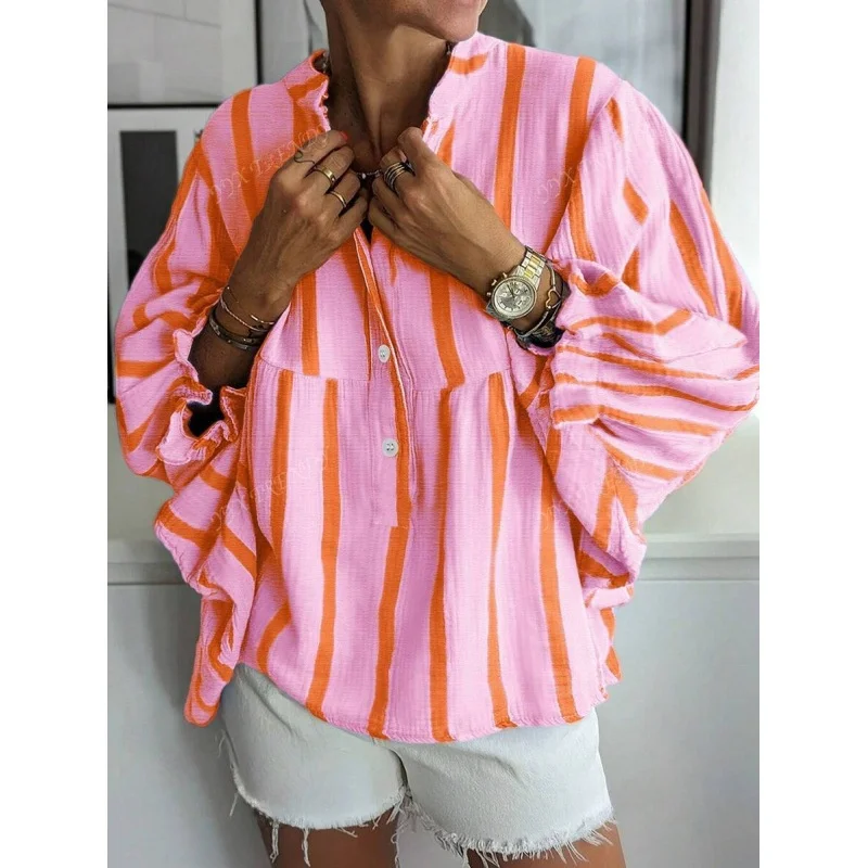 

Women's Striped V-neck Bubble Sleeve Shirt Casual Fashionable Lightweight Comfortable Fit Other Style Spring 2026 Resistant t...