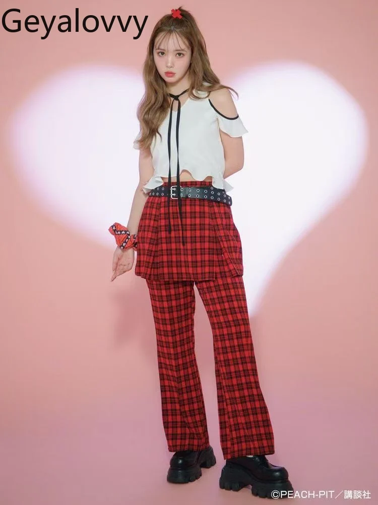 

Japanese Sweet and Spicy Style Three-piece Set Short Sleeve Off-Shoulder Top and High Waist Wide Leg Pants Lace-Up Skirt Suit