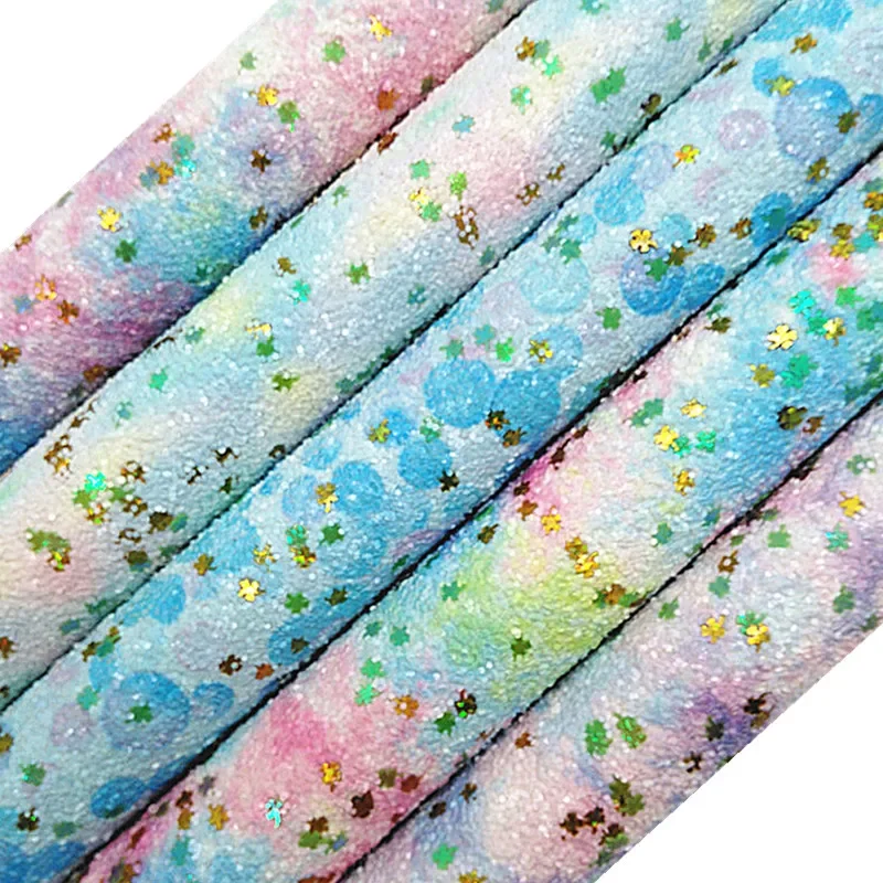 Rainbow Shamrocks Chunky Glitter Leather Faux Fabric Vinyl with Felt Backing Glitter Sheets for Bows Earrings 21X29CM MB550