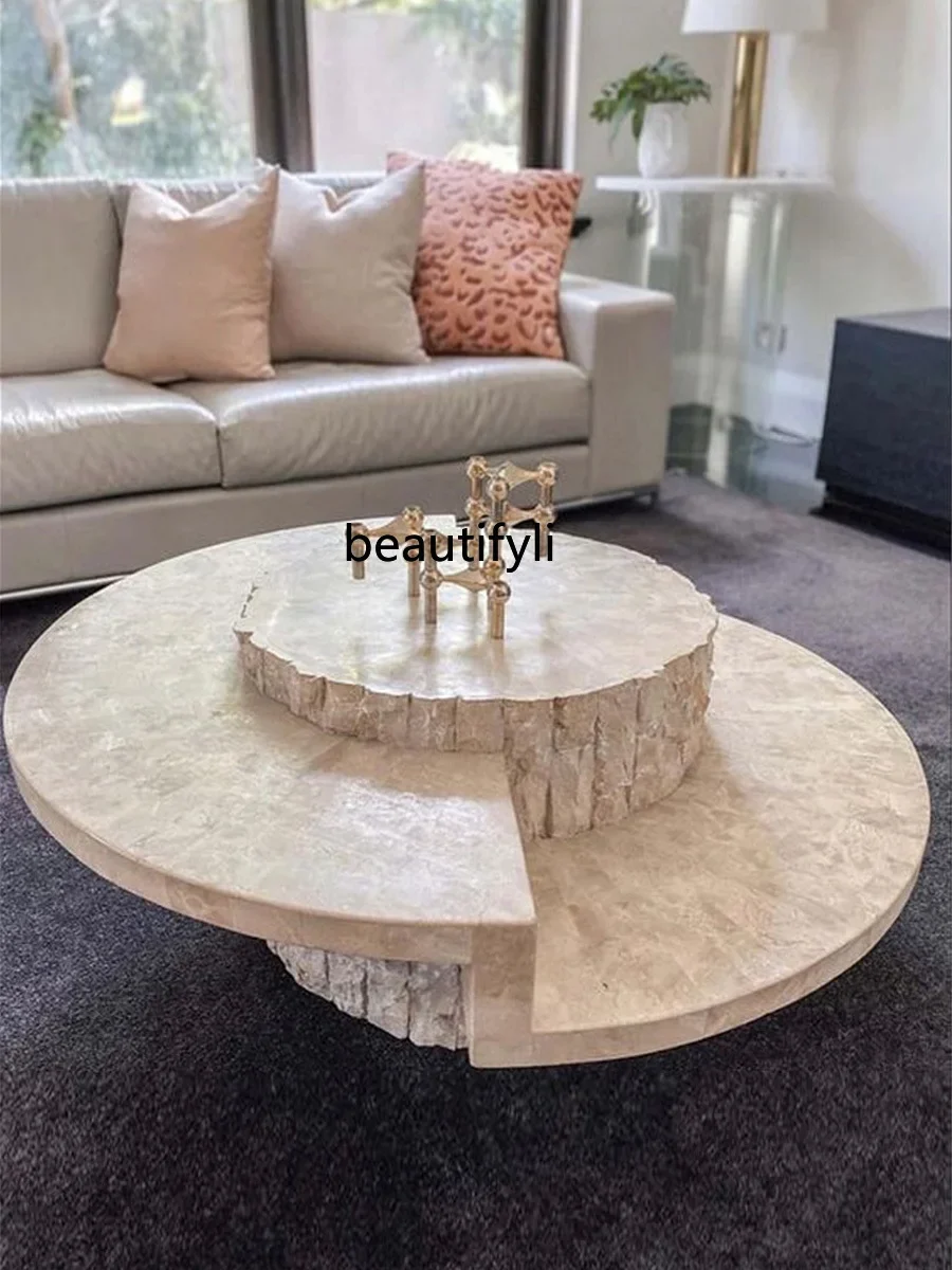 Nordic creative travertine natural marble coffee table living room home model room art round coffee table