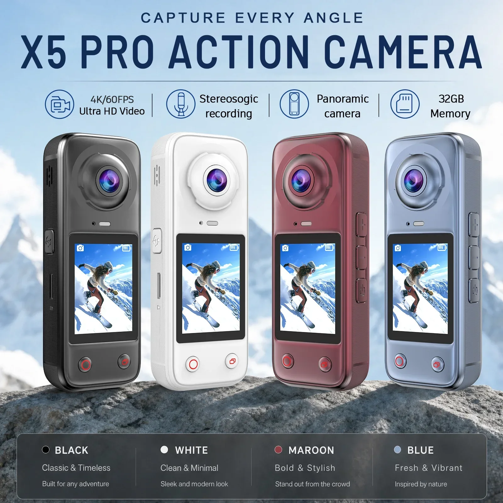 New 4K Action Camera With 32GB Front & Rear Dual Lens Switch 200° Wide‑Angle Handheld Camcorder Outdoor Sports Cameras For Vlog