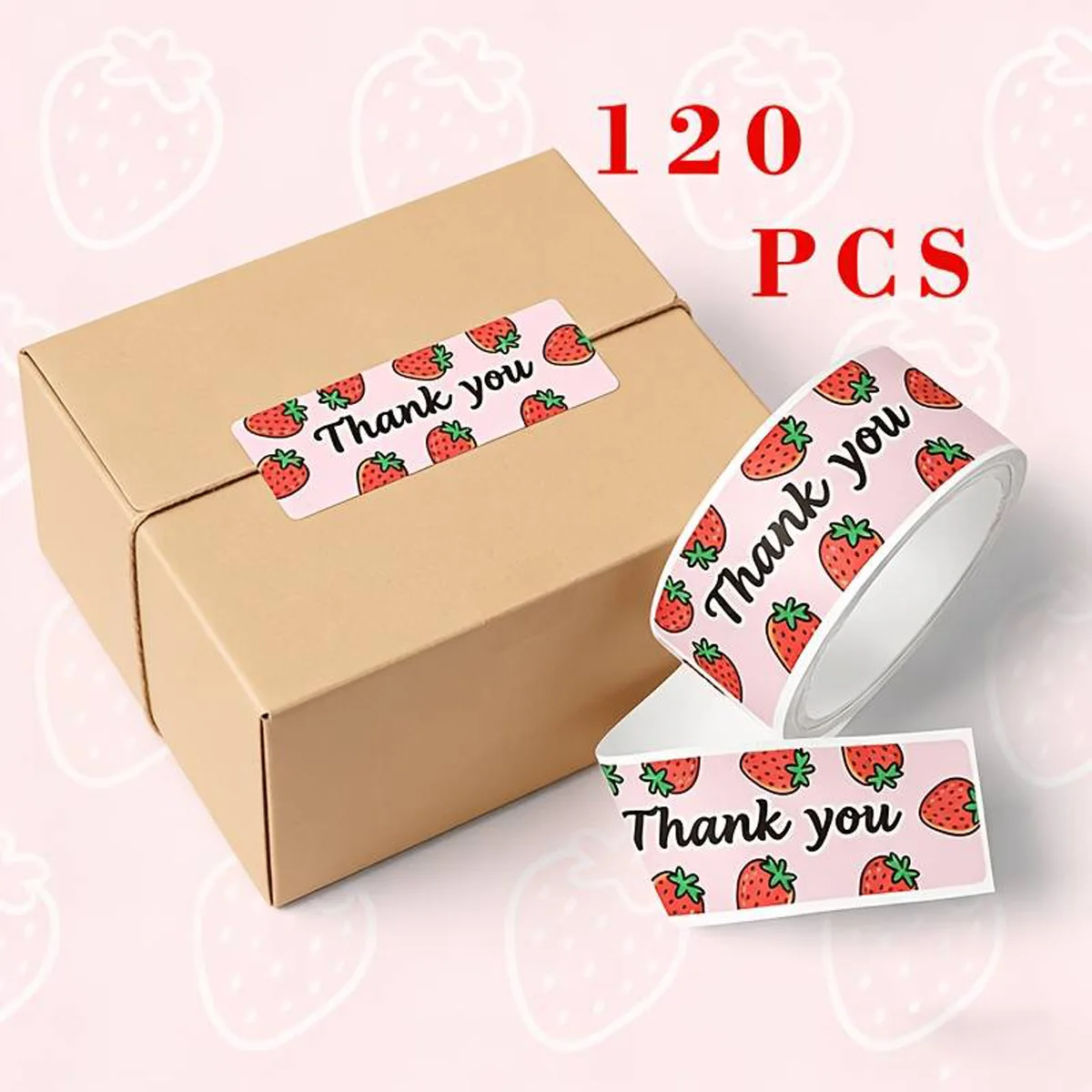 120Pcs Roll Strawberry Thank You Stickers Pink Rectangular Adhesive Labels for Gift Packaging Handmade Sealing Stationery Decor