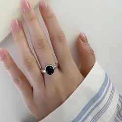 925 Sterling Silver Black Elliptical Zircon Opening Ring Index Finger Adjustable for Women Girl Hip Hop Fashion Jewelry Party