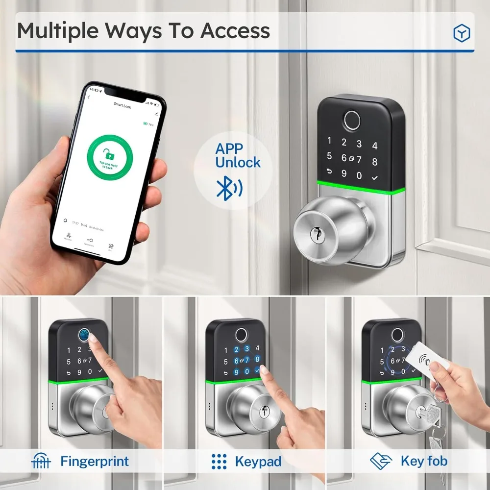 Smart Door Lock with Knob: Keyless Entry Lock for Front Doors - Keypad Door Lock with Handle - Fingerprint Code Door