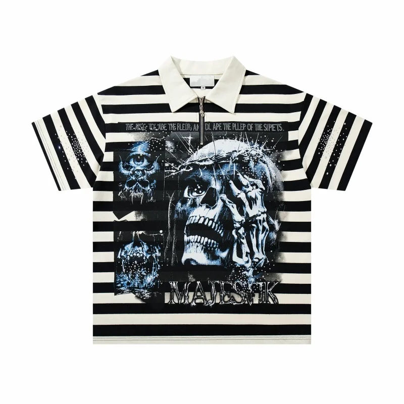 2026 New Men T-shirt  Heavyweight Dirty Washed Dark Short Sleeve Shirts High Street Skull Print Unisex American Couple Tops