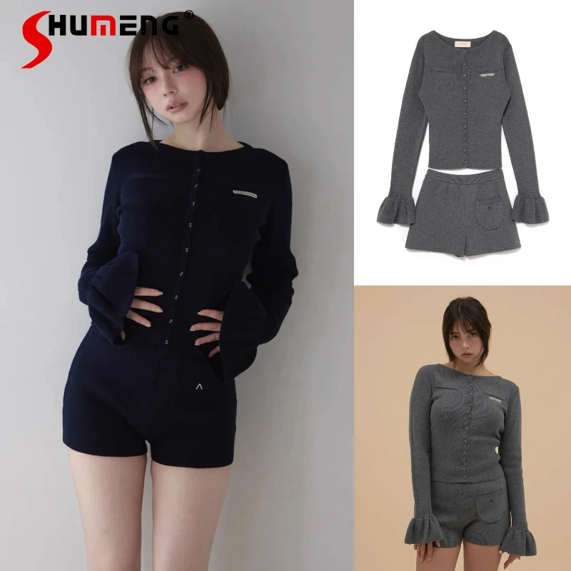 

Japanese Lolita Autumn Winter New Long-Sleeved Single-Breasted Knitted Cardigan With Ruffled Sleeves Top Knitted Shorts 2pcs Set