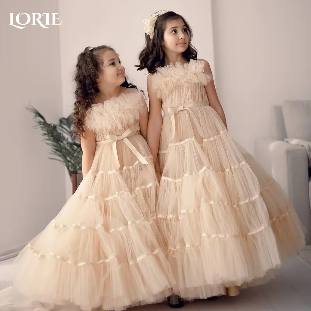 

LORIE Girl Peony Lace Back A-Line Straight Ball Bow Strapless Tulle Party Flower Girl Dress Csustomized Flowers Girls Dress