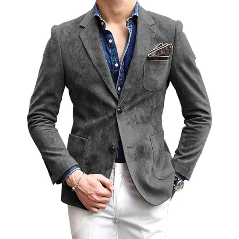 New Spring and Autumn Men\'s Jacket Single-breasted Suede Thin Coat Casual Suit Street Outerwear Male Clothing EU Size M-XXL