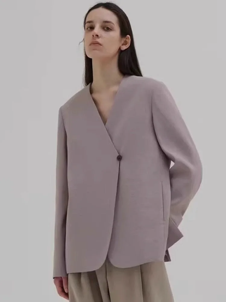 BJTZ Dames Blazer 2023 Lente Zomer Nieuwe Koreaanse Editie Casual Losse Kantoor Dame V-hals Een Knop Effen Kleur Jas