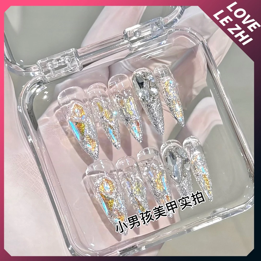 Y2K Punk Handwork Coffin Metal Nail Art 3D Glittering Rhinestone Press On Nails Rose Decoration Bow Diamond Full Cover Nails