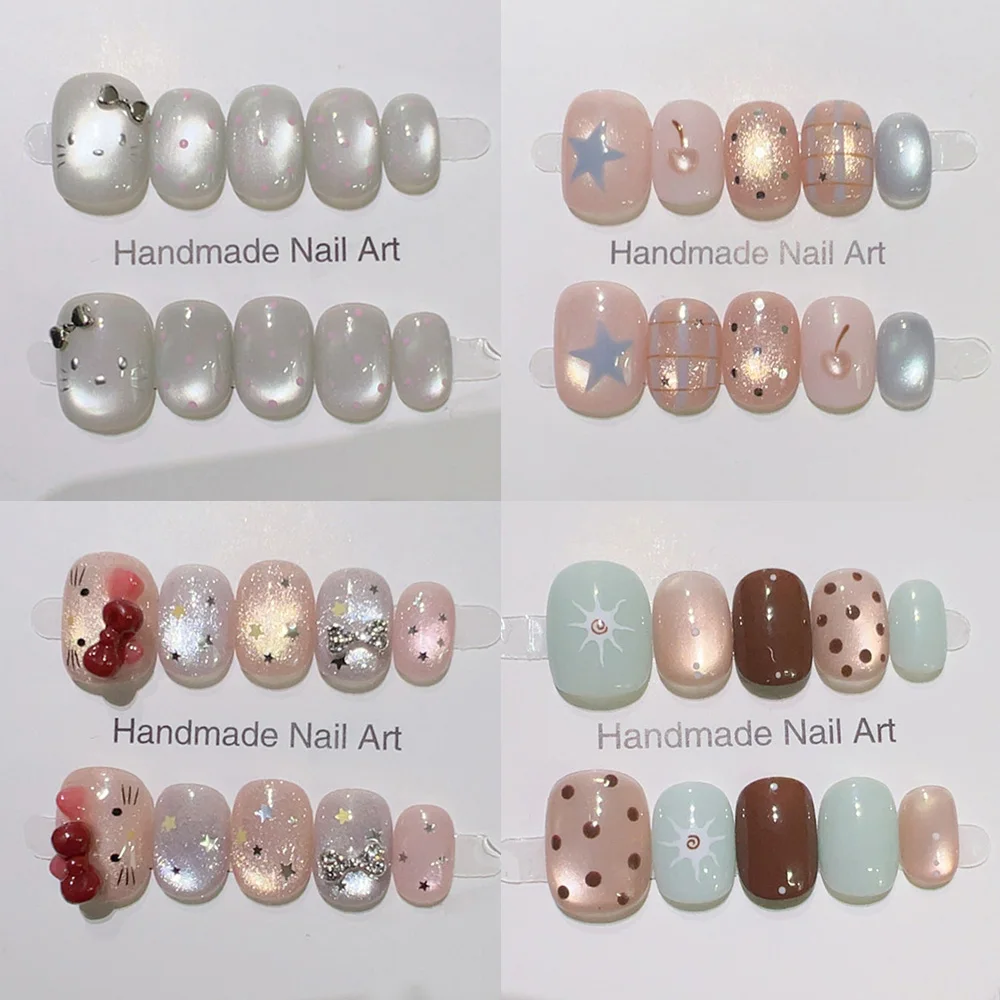 

Retro Chic Clear Kitty Star Dots Glitter Powder Short Round Fake Nail Hand-Drawn Cherry Cat Eye Diamond Flower Nail Sticker Gift