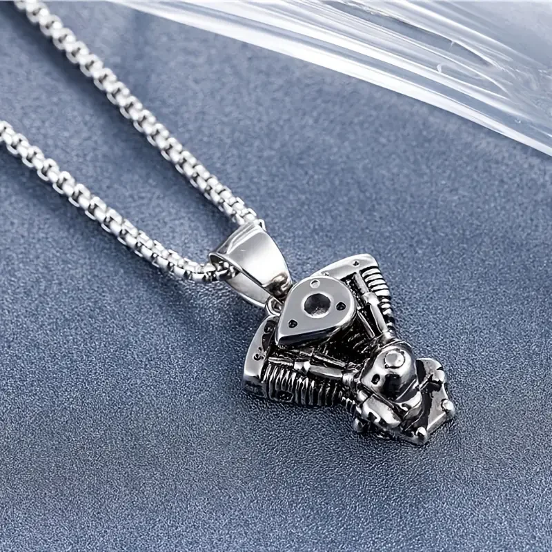 1pc Men\'s Vintage Motorcycle Stainless Steel Necklace, Punk Gothic Motorcycle Engine Pendant