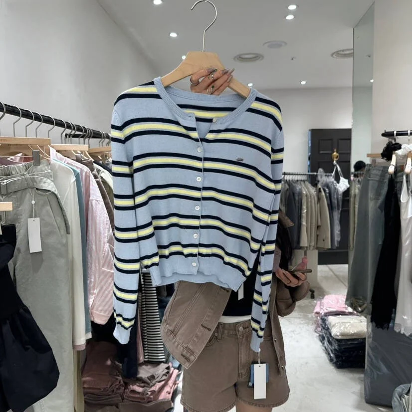 Spring New Classic Striped round Neck Button up Soft Knitted Open Cardigan Fashionable Design Sensation Women's Sweater