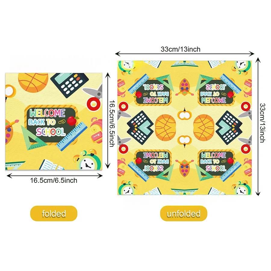 20Pcs School Themed Paper Napkins - Cute Ruler Clock Apple Design Disposable Serviettes for Preschool Welcome Back to School Par