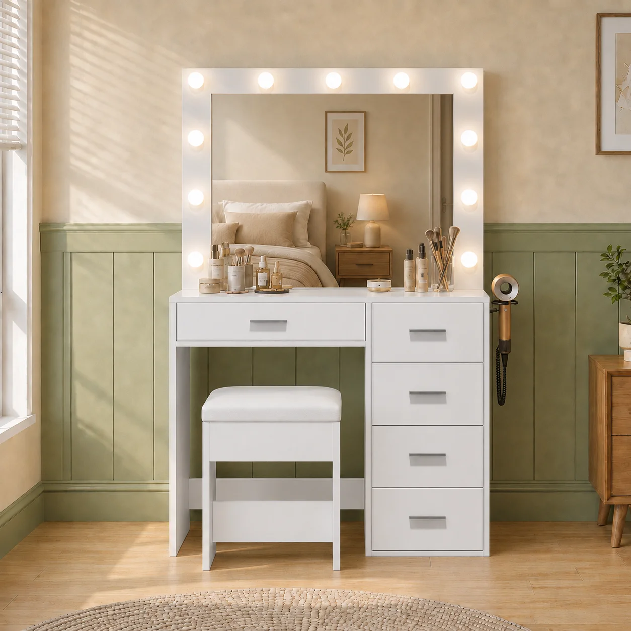 55-inch Tall White Home Dressing Table Set, Featuring A Mirror With 11 Light Bulbs (3 Lighting Modes, Adjustable Brightness), 5 Large-capacity Storage Drawers, Side Shelves, Stylish Home Decor, Perfect For The Wedding Season