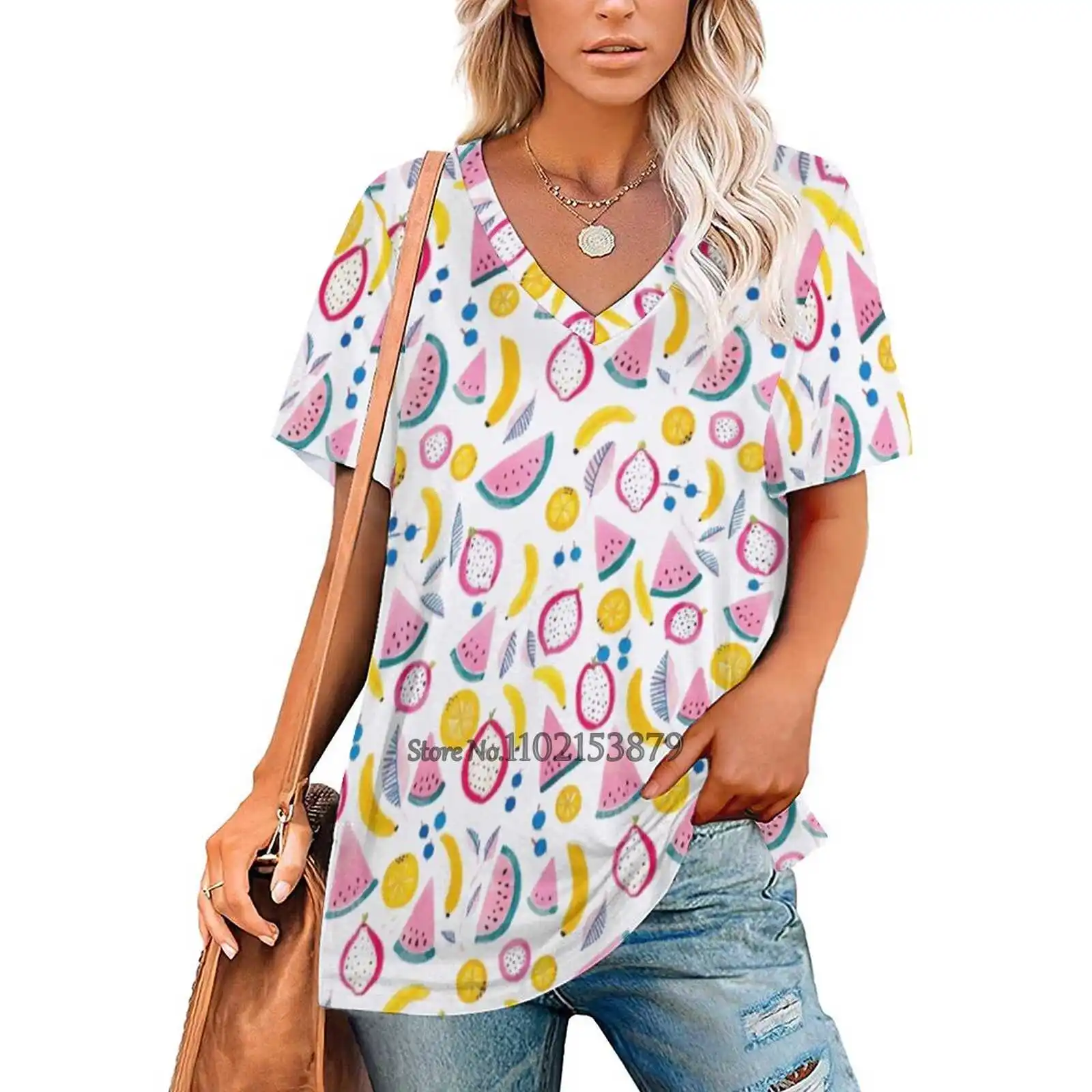 Fruit Salad Women V Neck T-Shirt Casual Sexy T Shirts Hollow Out Zipper Pullover Top Gouache Floral Floral Pattern Flowers