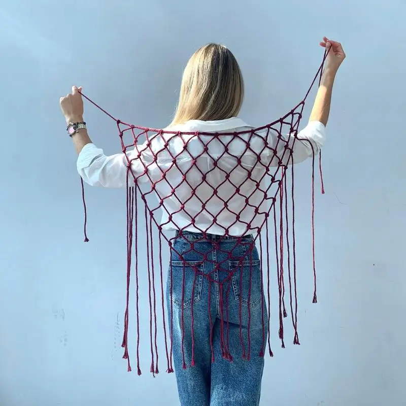 1pc Bohemian Netted Fringe Scarf Shawl Decorative Tassel Ethnic Design Handwoven Bikini Cover Up Mesh Tassel Waistband