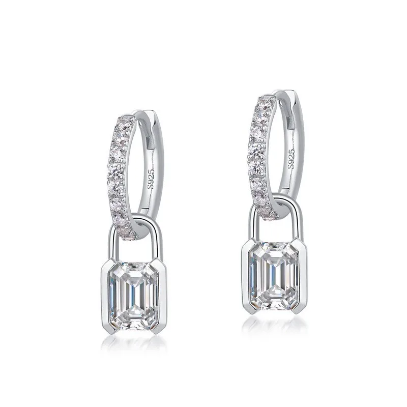 

ER017804 Lefei Fashion Trendy Classic Luxury Moissanite Rectangle Lock Dangle Earrings Charm Women Silver 925 Party Jewelry Gift