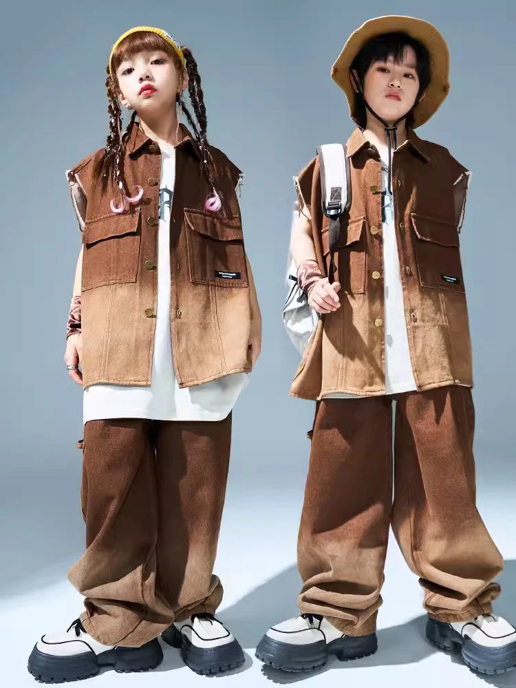 Kids Fashion Clothing Girls Jazz Dance Costume Brown Vest Pants Boys Street Dance Hip Hop Outfits Stage Performance Suit BL10998