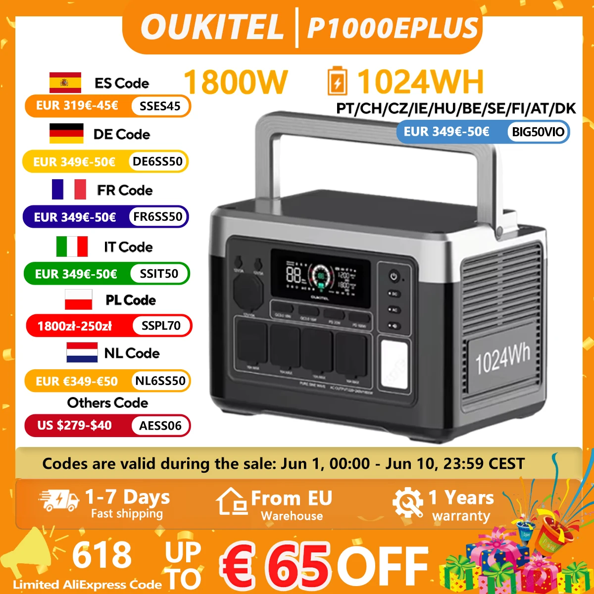 OUKITEL P1000E PLUS 1800W Portable Power Station 1024Wh Lifepo4 Battery Solar Generator,Home Backup Outdoor Camping Mobile Power