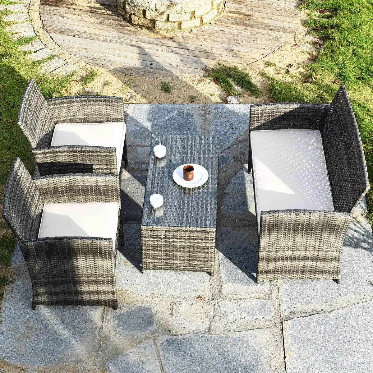 4 pc Rattan Terrassen möbel Garten Rasen Sofa gepolstert Sitz Mix grau Korb weide Gesprächs sets, 1, grau