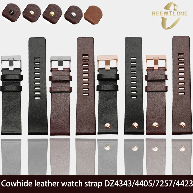Pulseira de relógio de couro de vaca de alta qualidade 26 28 30 32mm preto marrom rebites masculino tamanho grande pulseira para diesel dz4323 4405 4423 4318 7333