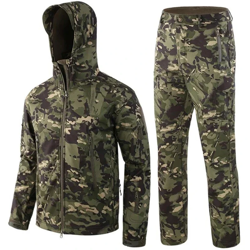 Pop Men's Uniform Jacket Sets Soft Shell Camouflage Hooded Jackets Plus Fleece Pants Outdoor Warm Clothes