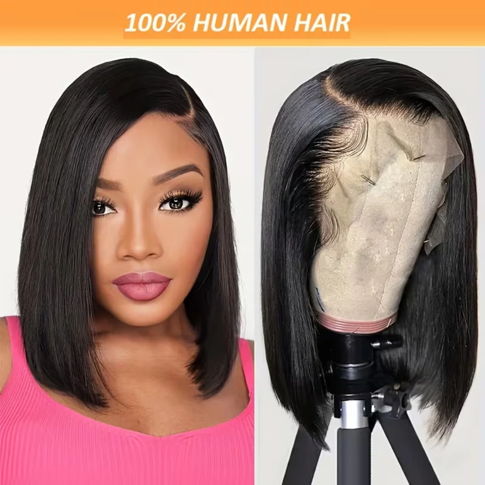 

Короткие парики из натуральных волос с плотностью 180%, дизайн 13x4 с кружевной передней частью, предварительно выщипанные с детским волосом, прямые, с HD-кружевом для женщин