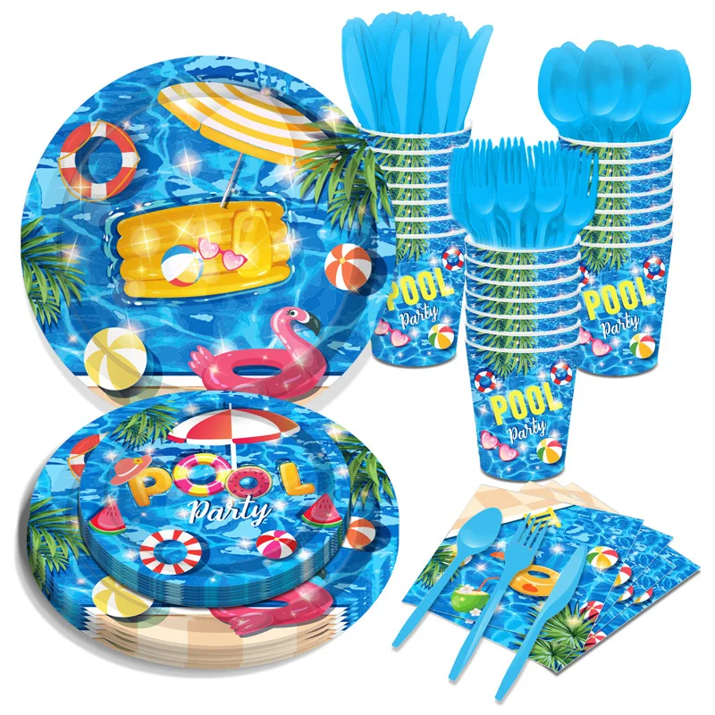 Hawaiian Decorations Pool Party Disposable Tableware Tablecloth Paper Plates Cups Luau Flamingo Summer Tropical Party Supplies