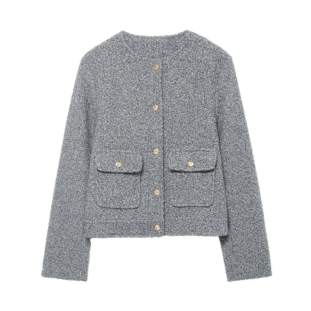 New Fashion Autumn Winter Women's With Pockets Grey Jackets Casual Lapel Neck Long Sleeves Female Elegant Chic Lady Outfits