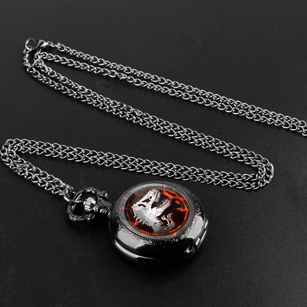 Dinosaur Glass Dome Quartz Pocket Watch With Durable Chain Arabic Numeral Dial Halloween Gifts for Men Women Kids