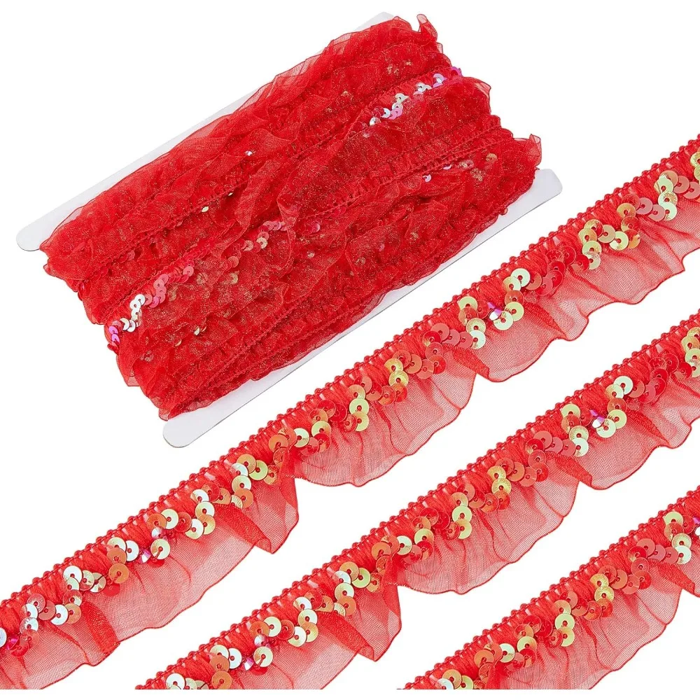 13Yds Pleated Organza Lace Ribbon Red Satin Mesh Tulle Fabric Gathered Mesh Sequin Stretch Ruffled Ribbon 1-1/8