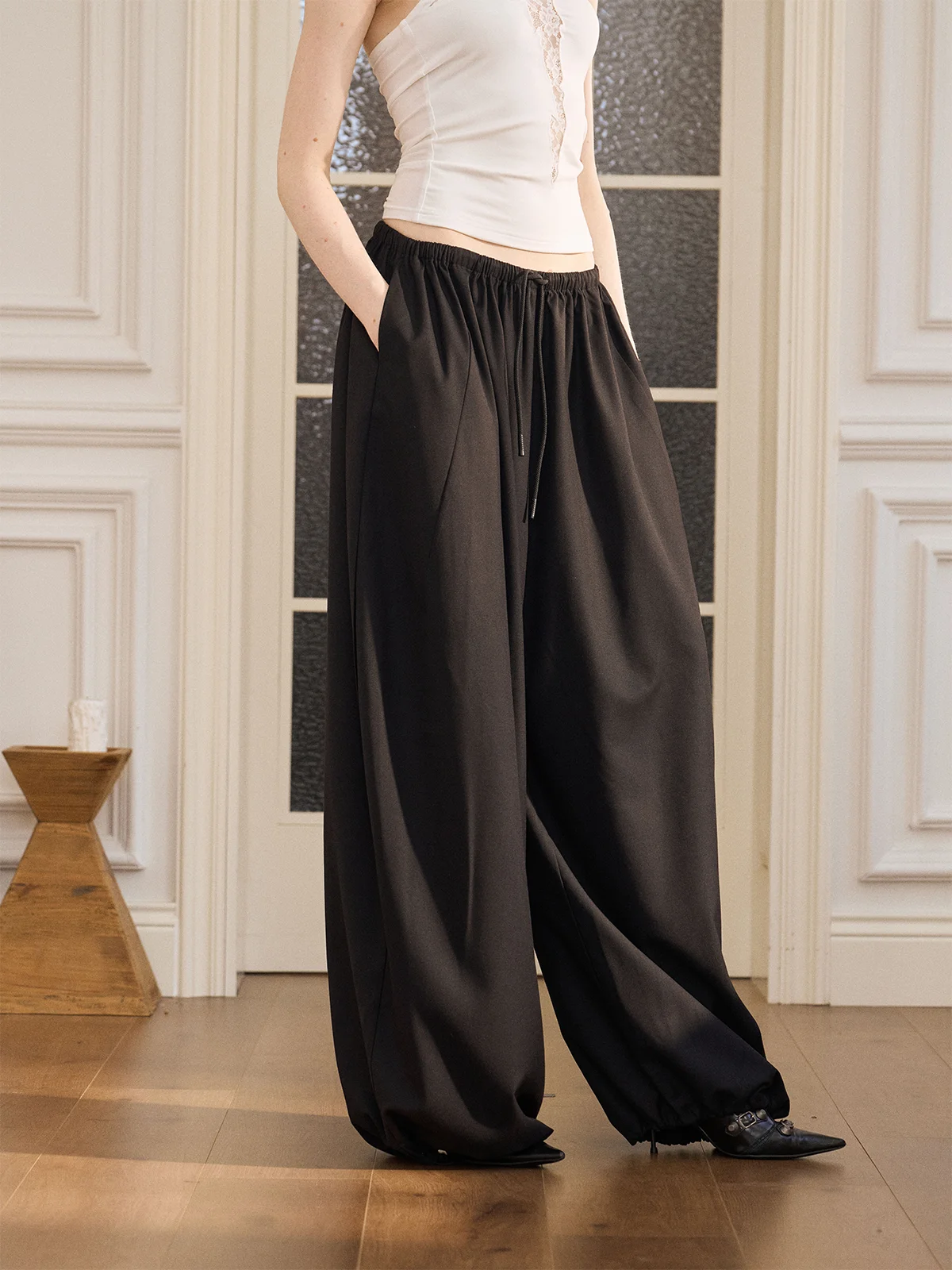 

a Kind Ego Women's Casual Pants Black Wool Blend Lantern Pants High Waist Elastic Polyester Fiber Skin-friendly Breathable