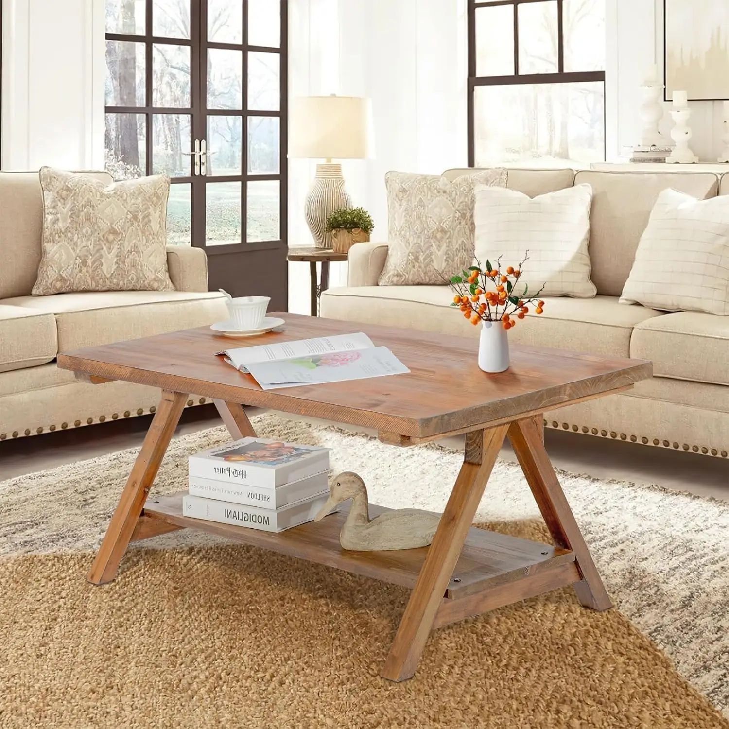 

Coffee Table for Living Room, 2-Tier Solid Wood Coffee Table, Rustic Rectangular with Storage Open Shelf, Natural