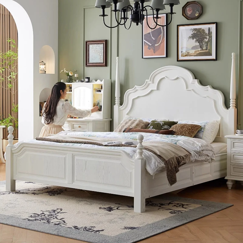 Full Solid Wood Bed French Light Luxury Master Bedroom Double Bed 1.8 Meters Retro Full Log Furniture