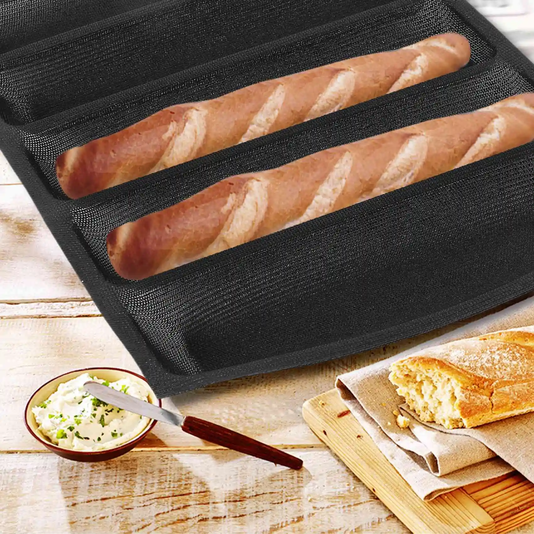 Silicone antiaderente perfurado Panela de pão Formas, Moldes Hot Dog, Forros de cozimento, Mat Pão Molde